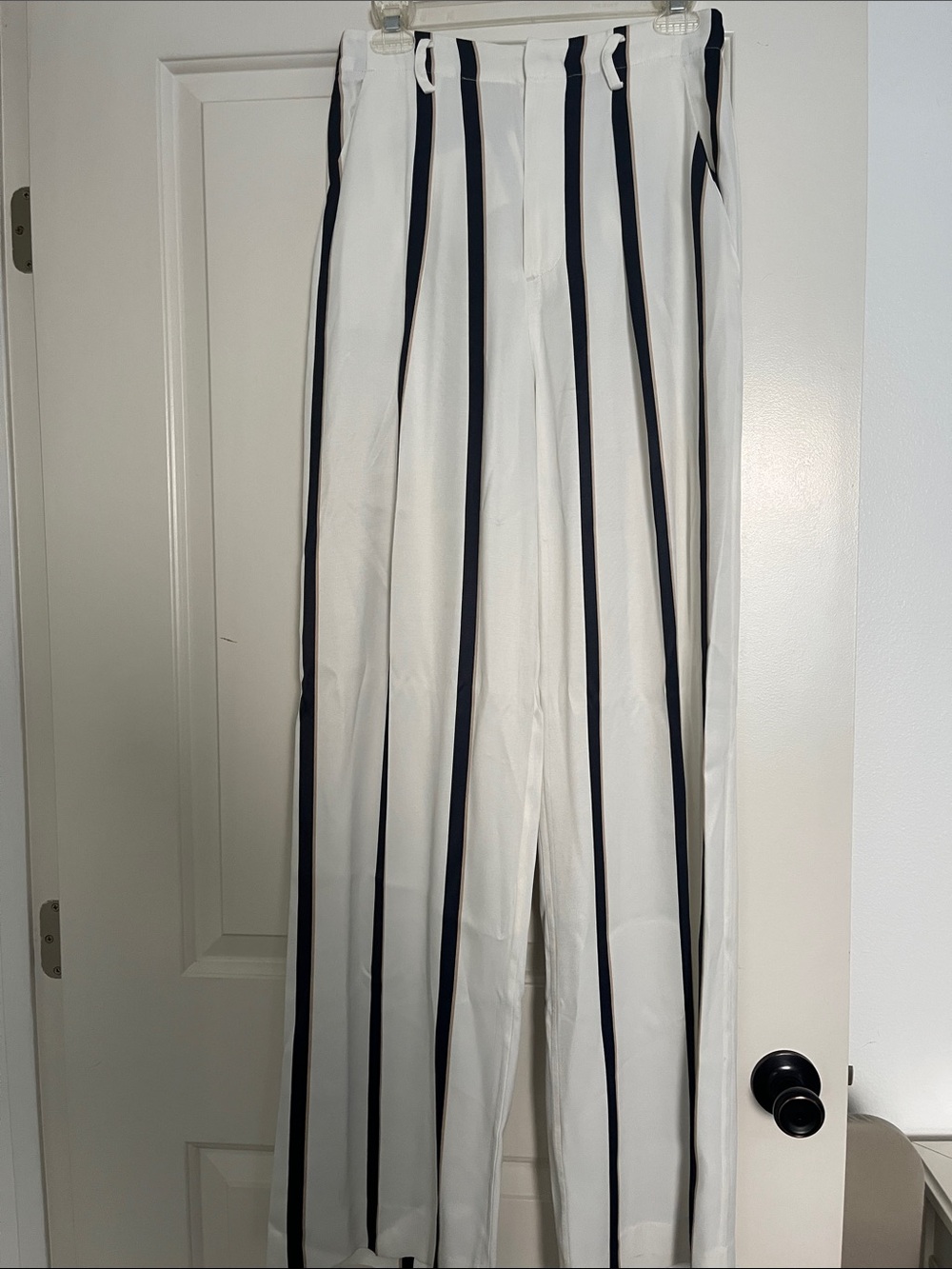 Equipment White Wide-Leg Pants with Navy Vertical Stripes